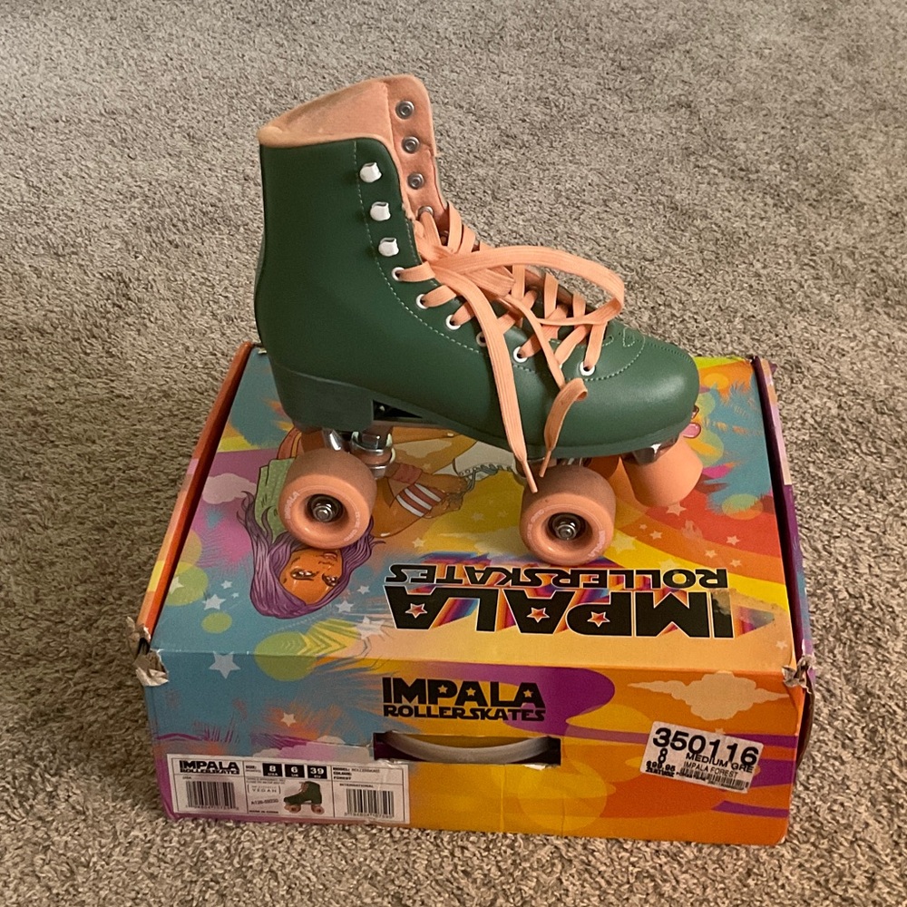 Impala Green Roller Skates with Peach Laces